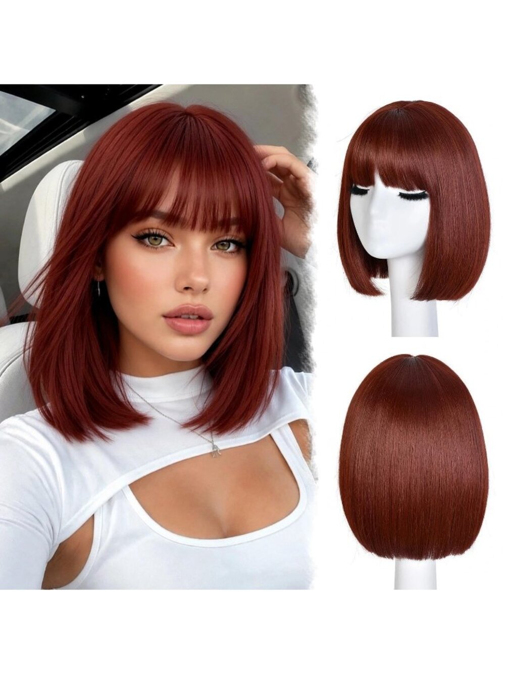 12inch Women's Ginger Straight Bob Wigs Synthetic Natural Looking With Bangs